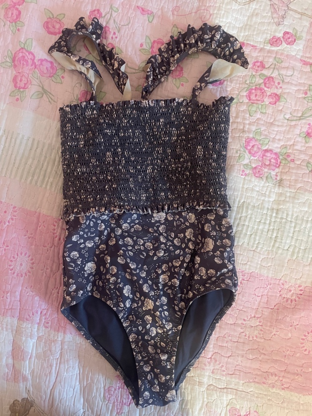 Girls Konges Slojd Smocked Floral One-Piece Swimsuit in Navy and Cream 9-10y